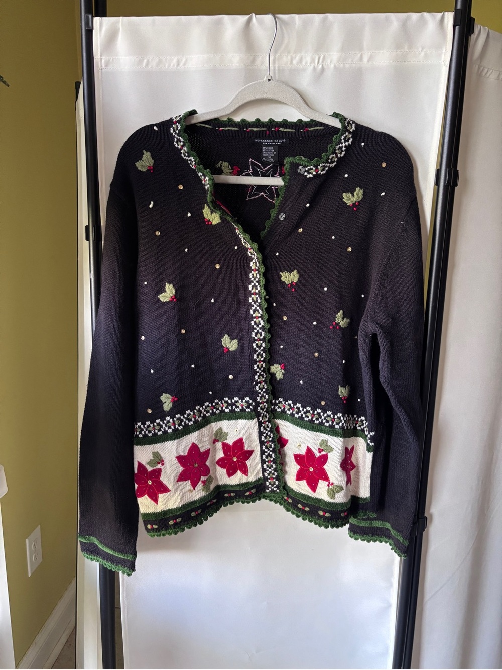 Vintage Embroidered Black Poinsettia Holiday Cardigan Sweater